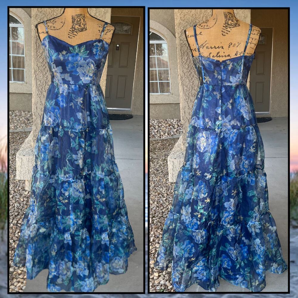 Lulus Blue Floral Organza Tiered Maxi Exclusive Glamour Dress Size S - Picture 6 of 9